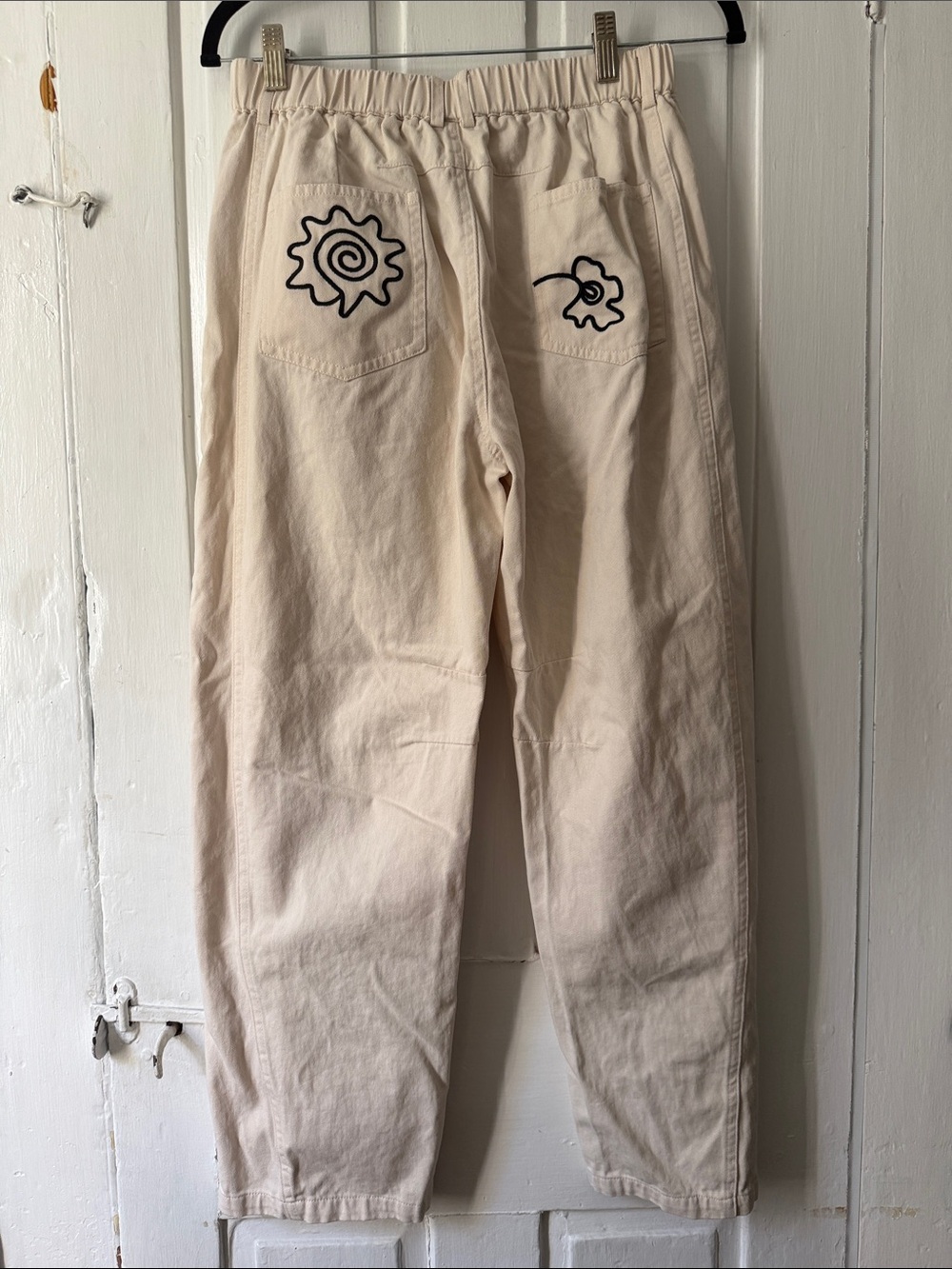 Cream Barrel Leg Pants with Black Floral Embroidery - Picture 3 of 6